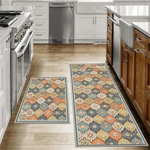 VIKAMA Bohemian Anti-Slip Washable Kitchen & Bathroom Floor Mat Set