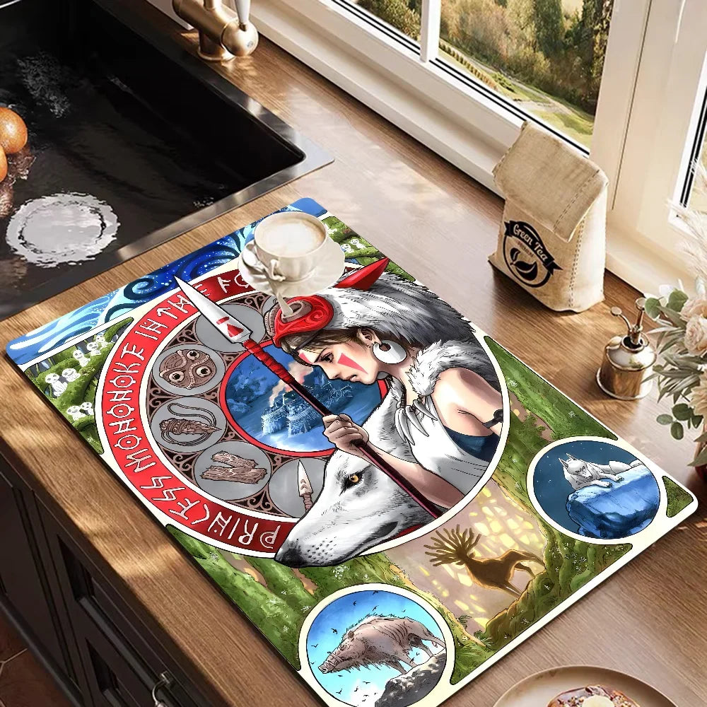 VIKAMA Anime Diatomite Dish Drying Mat Quick-Dry Non-Slip Kitchen Coffee Machine Drain Rug Home Decor
