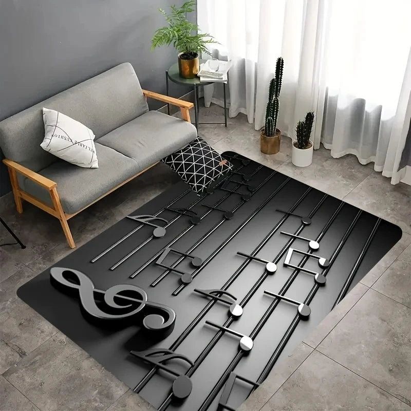 3D Music Notes Rug Non-Slip Washable Music Studio Living Room Bedroom Soundwave Floor Mat Home Decor
