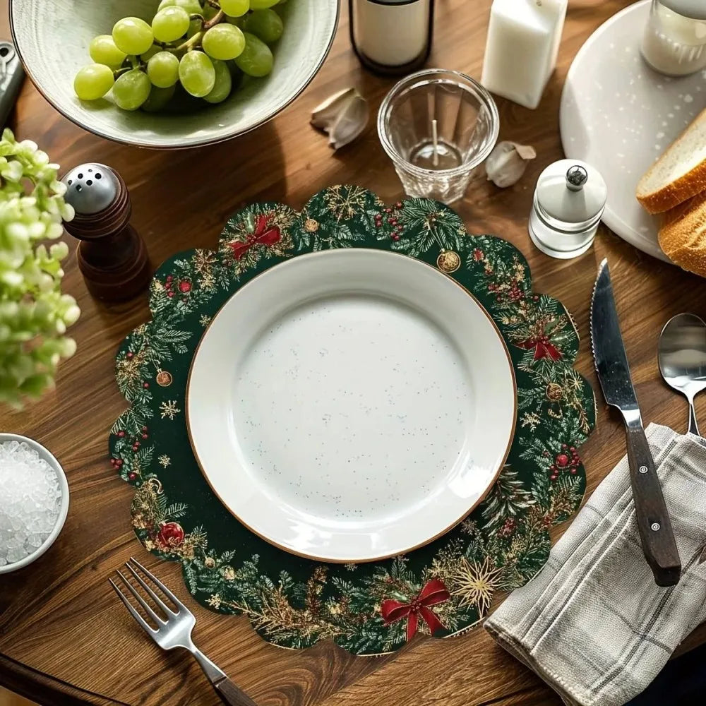 VIKAMA 4-Piece Set Round Christmas Placemats Table Mats Emerald Gold Pattern Festive Placemats Christmas Decor