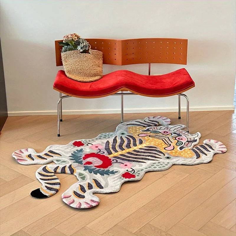 Fluffy tiger-print irregular shape area rug non-slip washable living room carpet