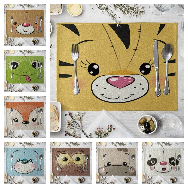 Cute Animal Linen Kids Placemat Set (Pig Bear Frog Fox Pattern)