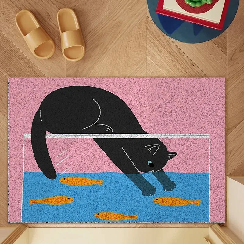 Cartoon Cat Silk Ring Door Mat Non-Slip Cuttable Dirt-Resistant Entrance Porch Floor Carpet Home Decor