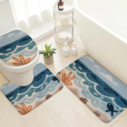 Ocean themed floor mat set, bathroom anti slip mat, shower room small carpet, toilet seat mat, door mat, decorative mat