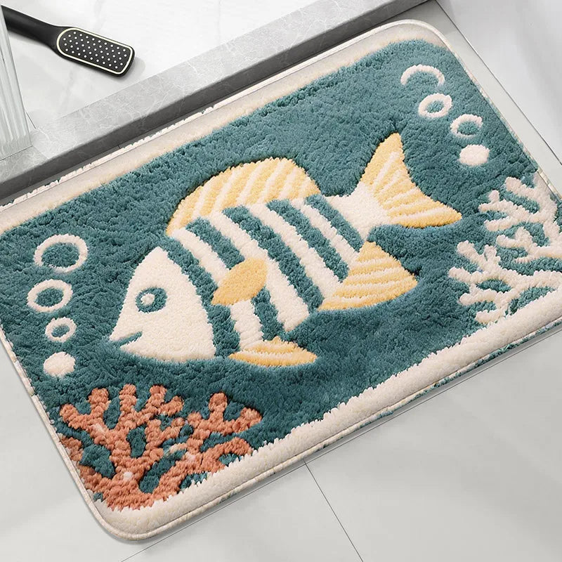 Cartoon Fish Bathroom Mat Non-Slip Absorbent Shower Room Carpet Machine Washable Floor Rug Home Decor
