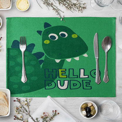 Cartoon Green Dinosaur Cotton Linen Kids Placemat Set