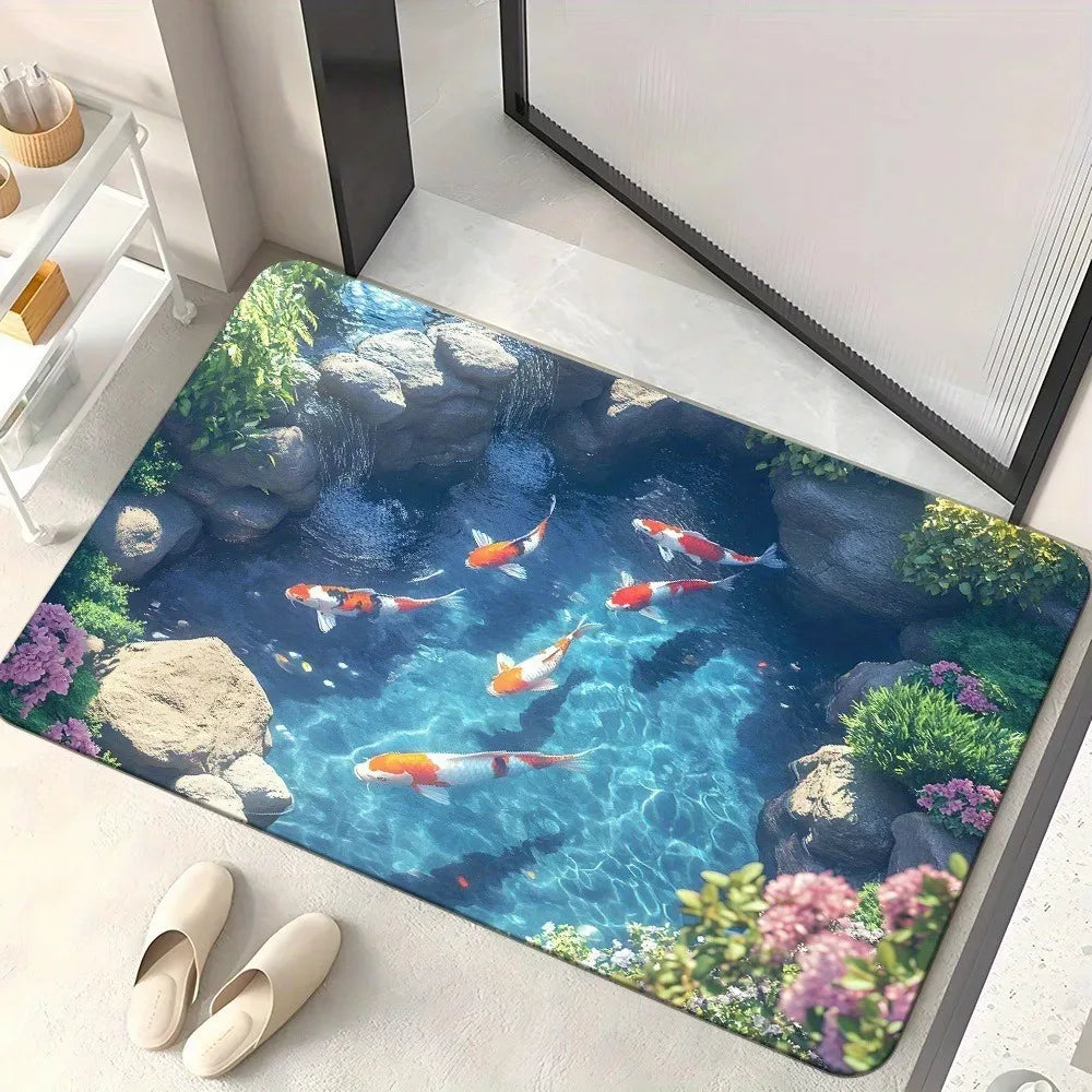 VIKAMA 3D Goldfish Lotus Pond Non-Slip Doormat