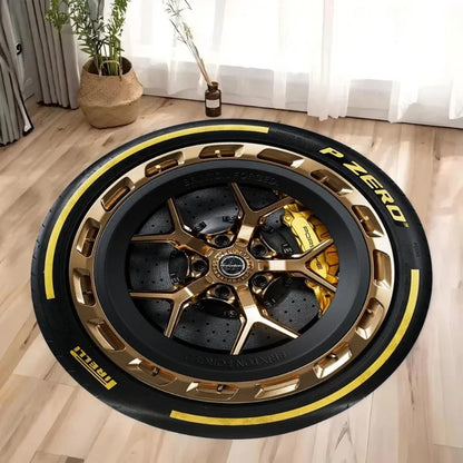 Sporty wheel rim design accent rug