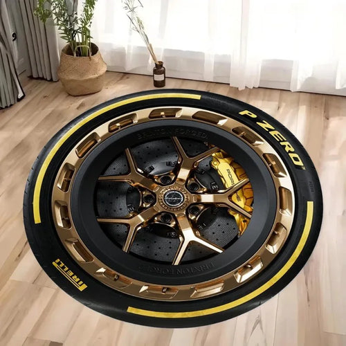 Sporty wheel rim design accent rug