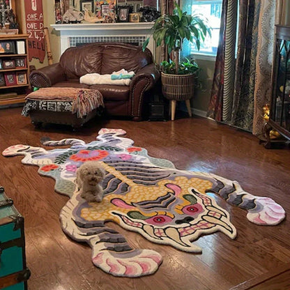 Fluffy tiger-print irregular shape area rug non-slip washable living room carpet