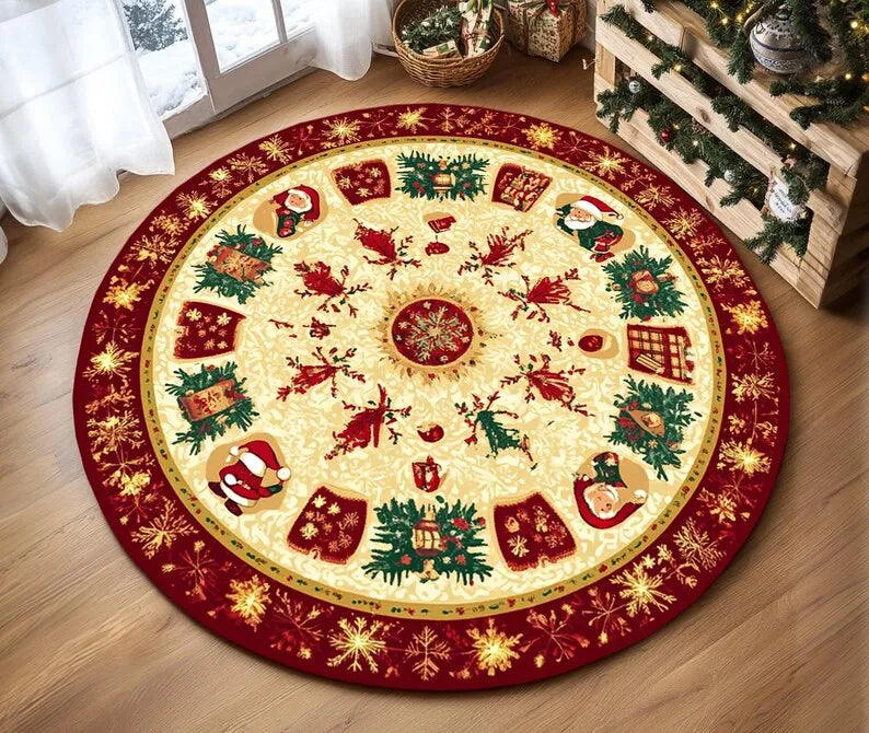 VIKAMA Festive Snowflake Christmas Tree Round Rug