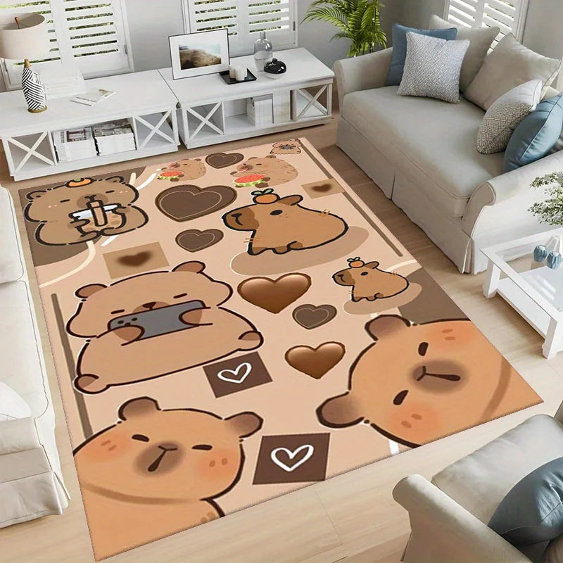 Cute Capybara Cartoon Rug Lucky Heart Pattern Non-Slip Carpet Kids Room Living Room Home Decor Playful Animal Mat