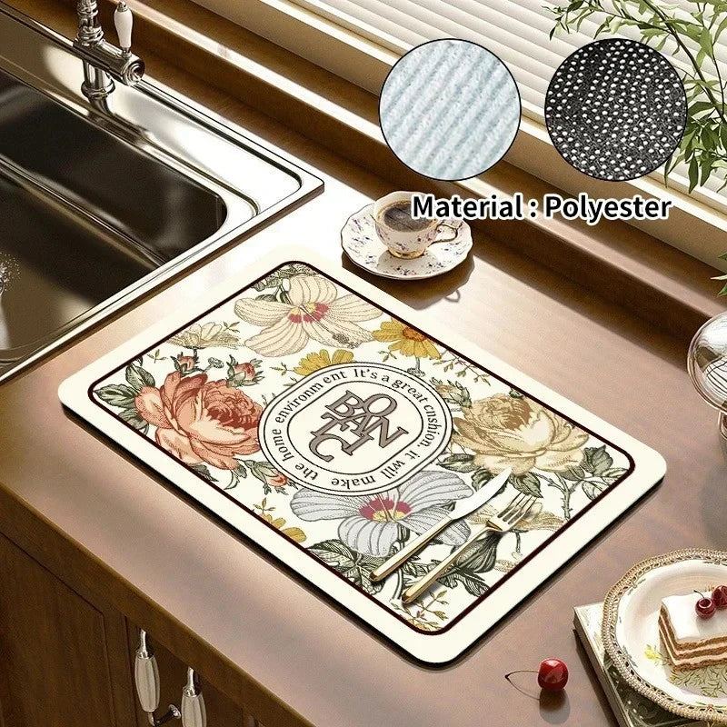VIKAMA Black Marble Dish Drying Mat Super Absorbent Non-Slip Kitchen Counter Rug Bottle Kettle Dinnerware Bar Mat Home Decor