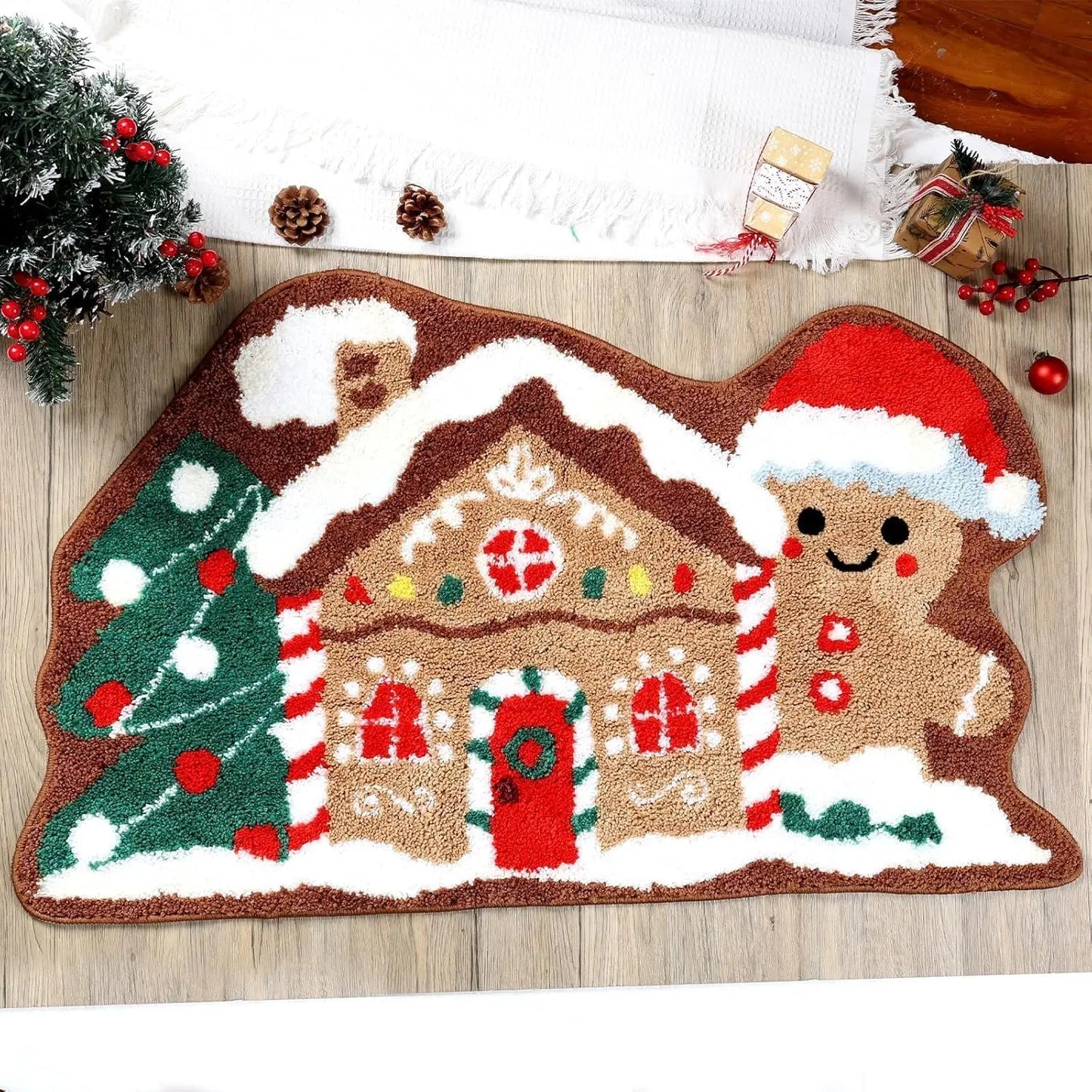 VIAMA Christmas Gingerbread House Rug Soft Non-Slip Bathroom Door Mat Holiday Floor Carpet