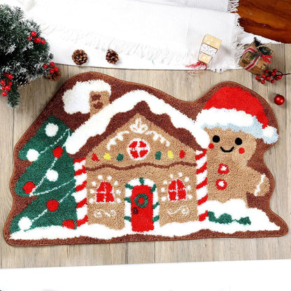 VIAMA Christmas Gingerbread House Rug Soft Non-Slip Bathroom Door Mat Holiday Floor Carpet