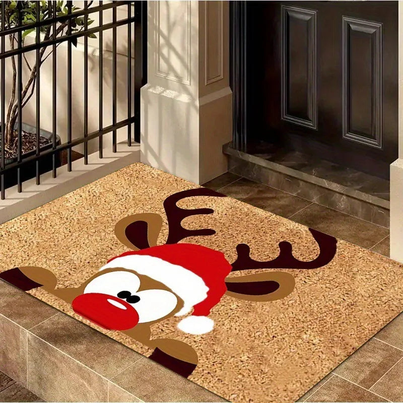 Christmas Cartoon Reindeer Pattern Entrance Floor Mat Absorbent Non-Slip Door Mat Bathroom Door Decoration Rug