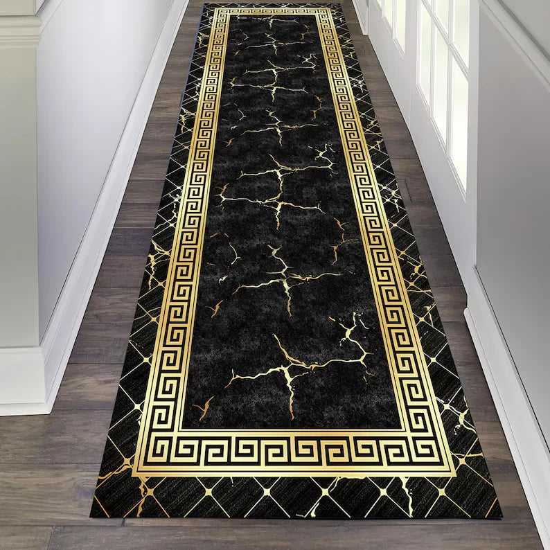 Black Gold Greek Key Runner Rug