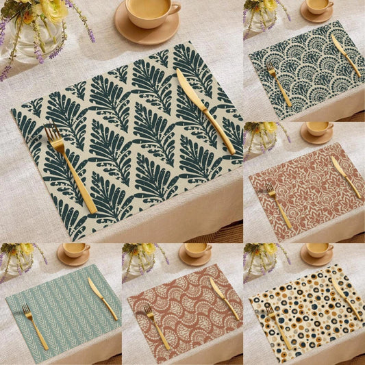 Luxury 6PCS Table Mats Set Leaf Fan Stripe Polka Dot Dining Placemats