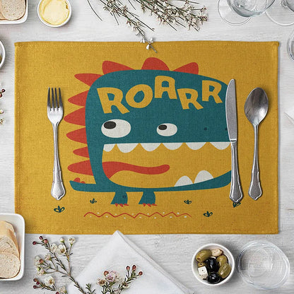 Cartoon Green Dinosaur Cotton Linen Kids Placemat Set