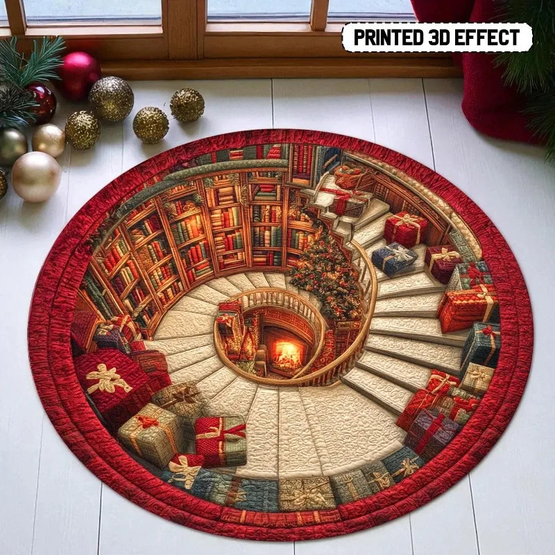 3D book library Christmas round rug