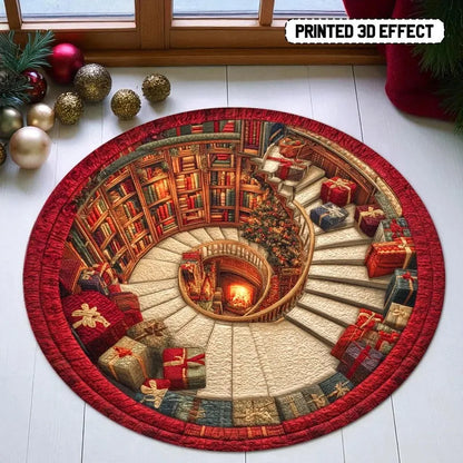 3D book library Christmas round rug