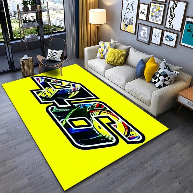Motorcycle Racer “The Doctor” 46 Racing Carpet Mat Black Yellow Track Design Living Room Rug Home Decor