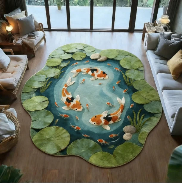 Koi Fish Pattern Round Fluffy Non-Slip Area Rug