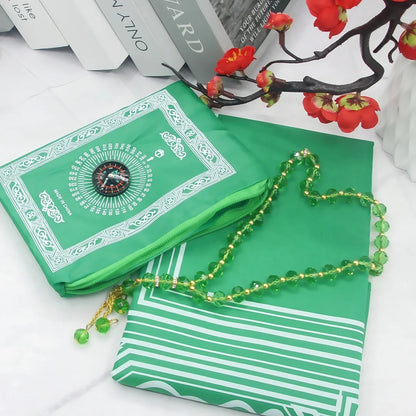 Portable foldable prayer rug with compass & beads