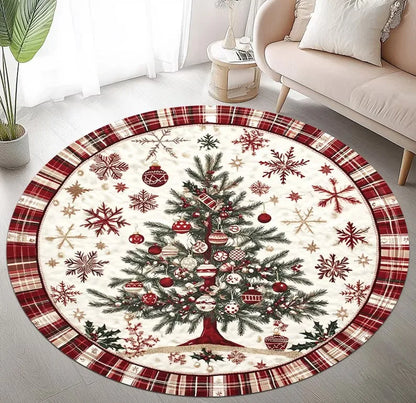 VIKAMA Festive Snowflake Christmas Tree Round Rug