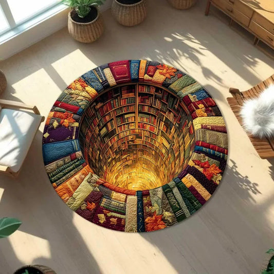 3D library books optical illusion round rug