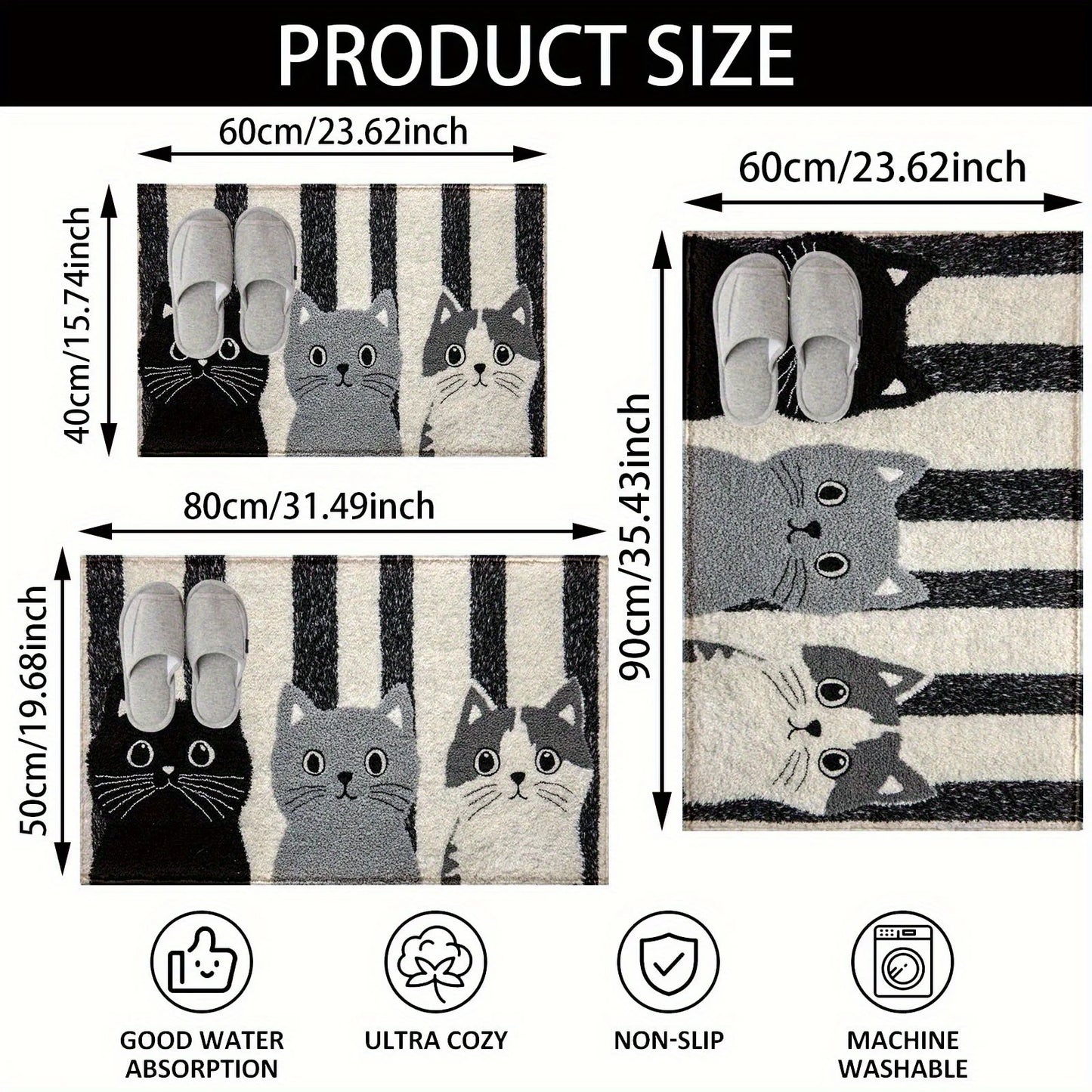 VIKAMA Striped Cartoon Cat Rug Soft Waterproof Non-Slip Doormat Bedroom Living Room Outdoor Floor Carpet Home Decor