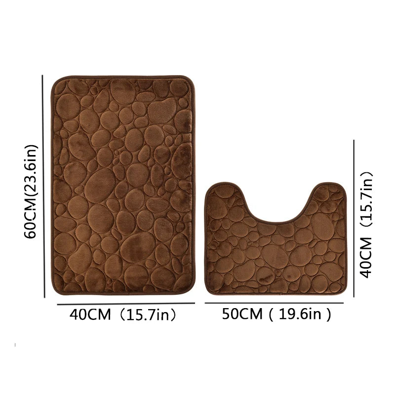 2-Piece Coral Velvet Bathroom Mat Set Pebble Embroidered U-Shaped Toilet Rug Absorbent Non-Slip Door Mat Home Decor