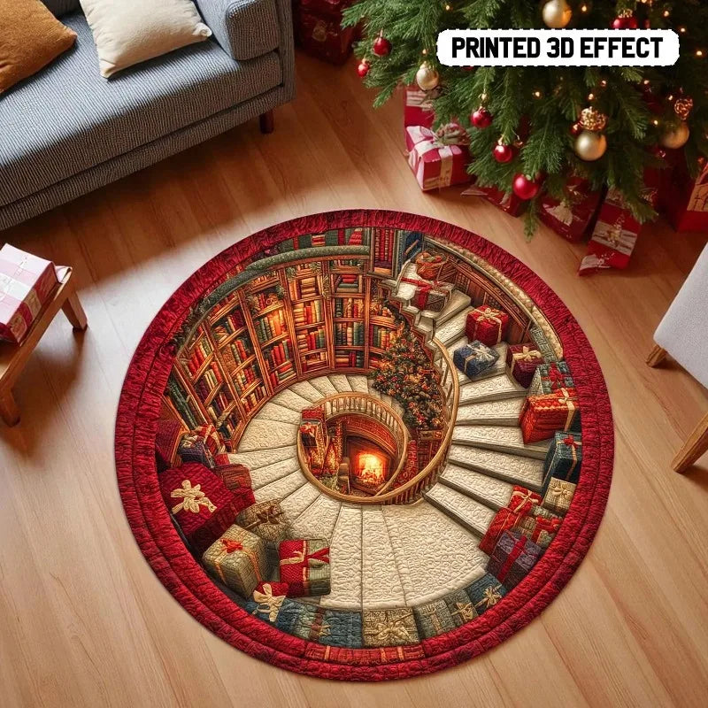 3D book library Christmas round rug
