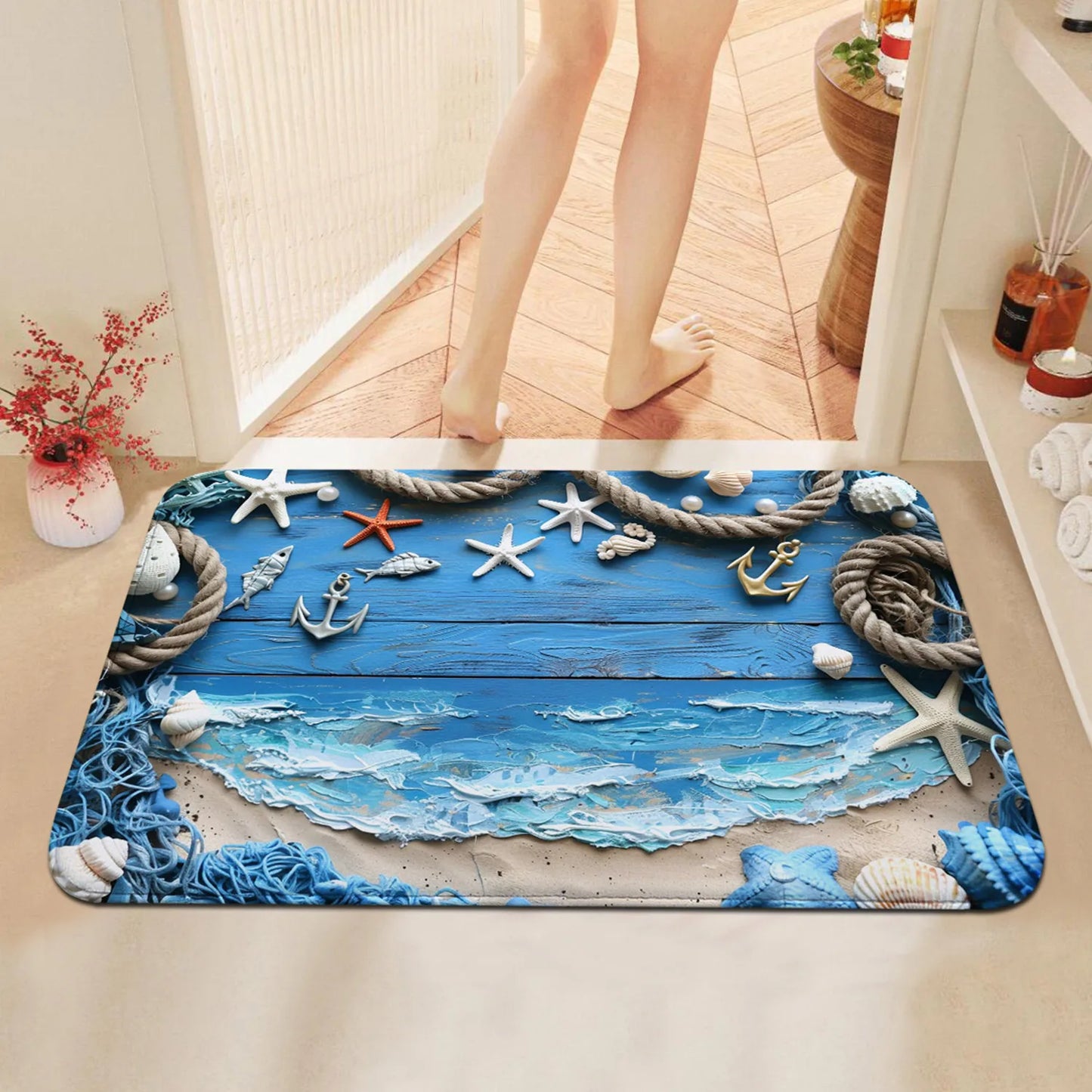 Blue Coast Wood Stripe Rope Starfish Pattern Long Kitchen Floor Mat Machine Washable Bathroom Carpet Kitchen Rug Home Decor