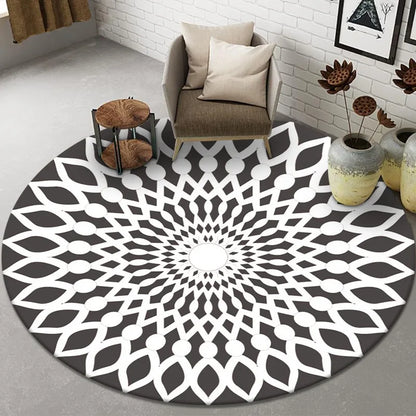 European Style Round Rug Black White Geometric Pattern Non-Slip Carpet Living Room Bedroom Home Decor