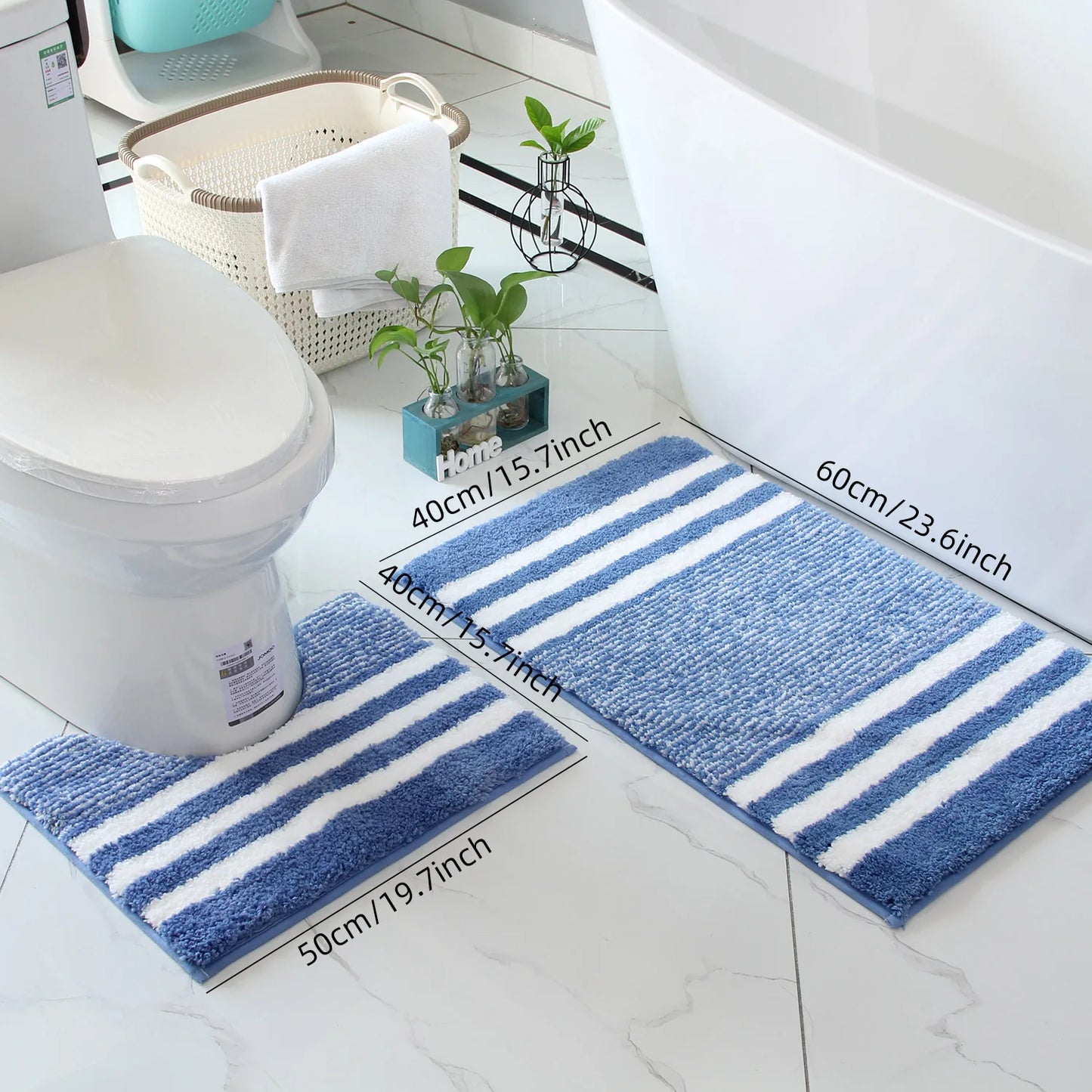 2-Piece Striped Microfiber Bathroom Mat Set Waterproof Non-Slip Quick-Dry TPR Backing Machine Washable Carpet