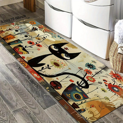 VIKAMA Black Cat Pattern Rug Waterproof Non-Slip Kitchen Long Carpet Bathroom Bedroom Living Room Floor Mat Home Decor
