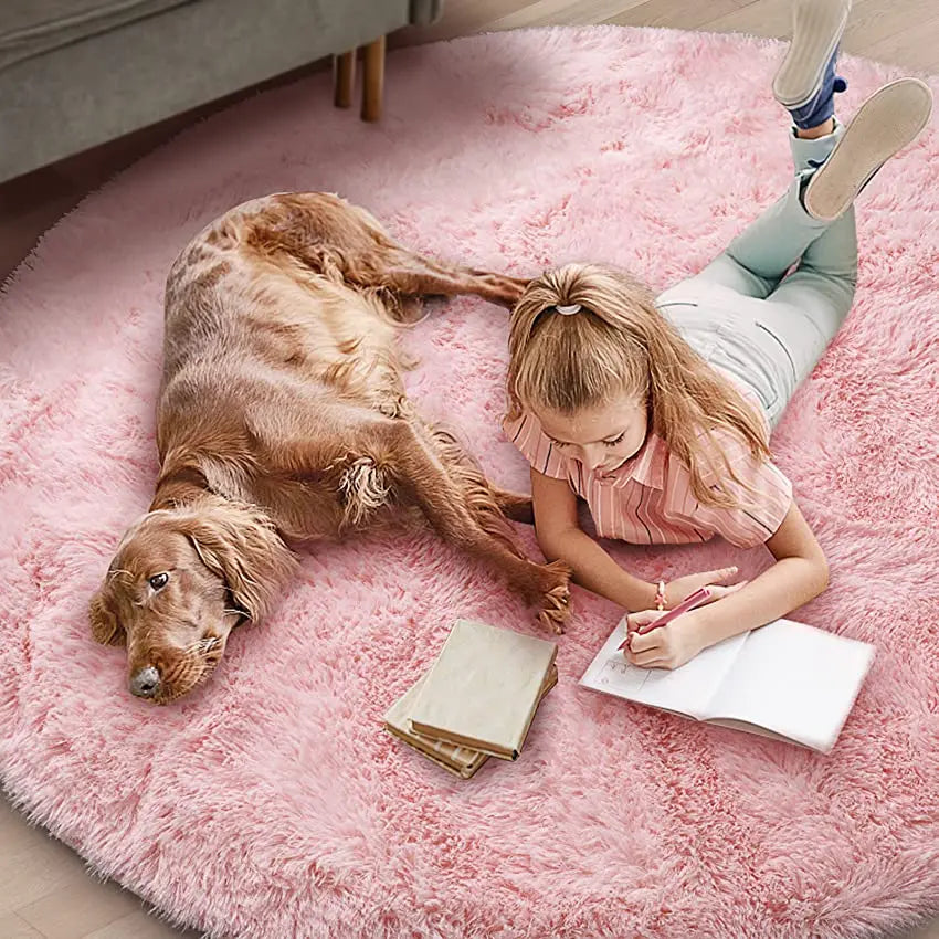 Pink Fluffy Round Girls Area Rug