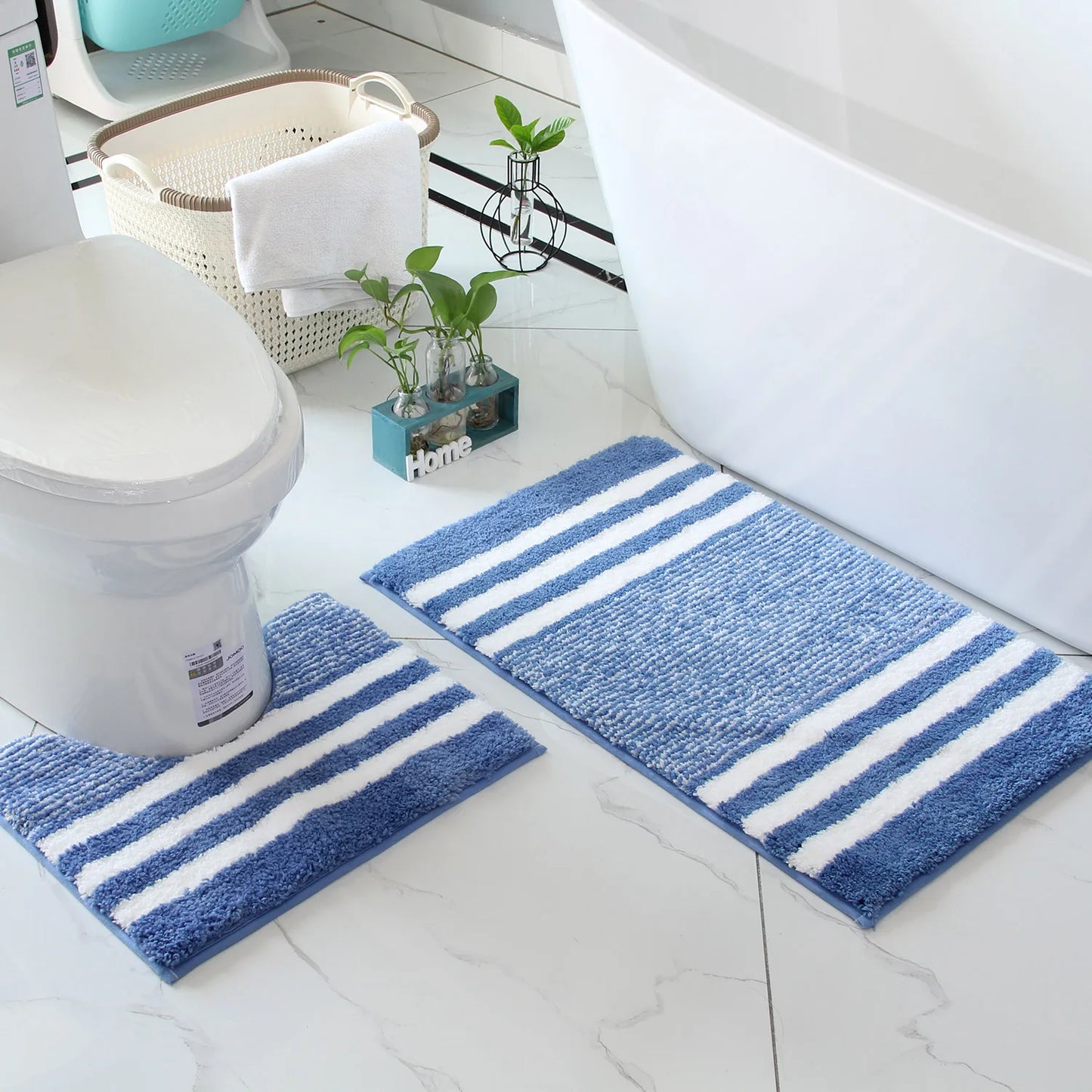 2-Piece Striped Microfiber Bathroom Mat Set Waterproof Non-Slip Quick-Dry TPR Backing Machine Washable Carpet