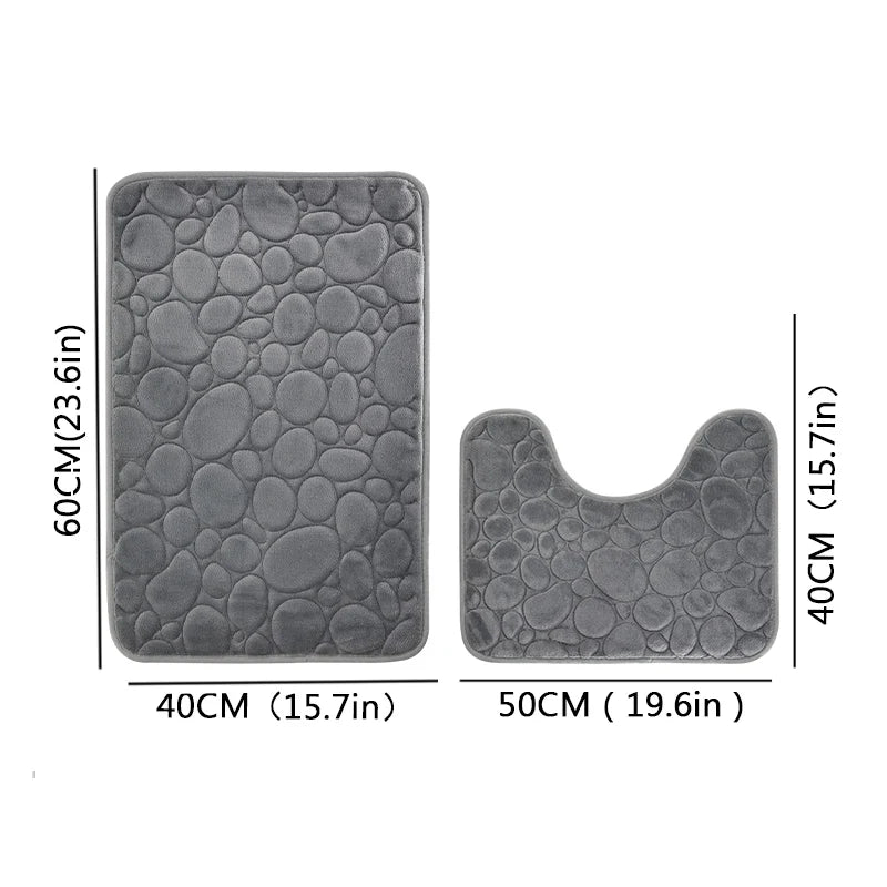 2-Piece Coral Velvet Bathroom Mat Set Pebble Embroidered U-Shaped Toilet Rug Absorbent Non-Slip Door Mat Home Decor