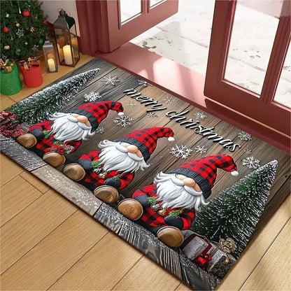 Christmas Gnome Plaid Rug “Merry Christmas” Red Black Checkered Non-Slip Carpet Snowflake Pine Entryway Floor Mat Home Decor