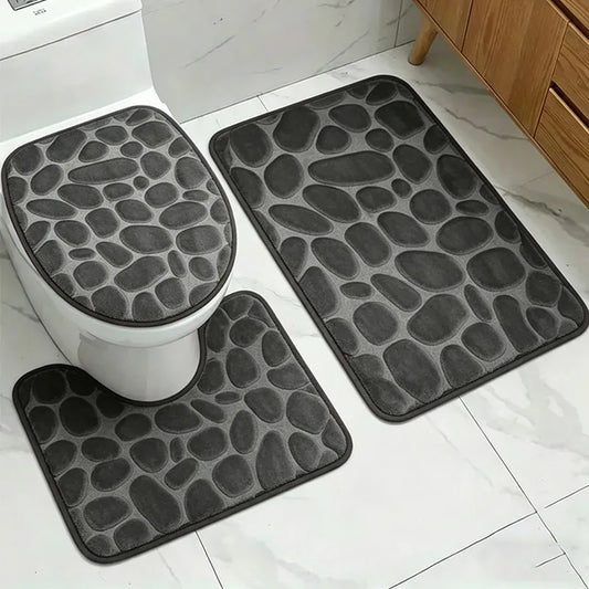 3-Piece Bathroom Mat Set Solid Color Stone Pattern Soft Comfortable Water-Absorbing Non-Slip Floor Rugs