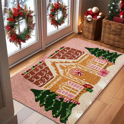 Christmas Gift Box Carpet Gingerbread House Rug Red Green Stripe Bow Candy Cane Non-Slip Entryway Floor Mat Holiday Home Decor