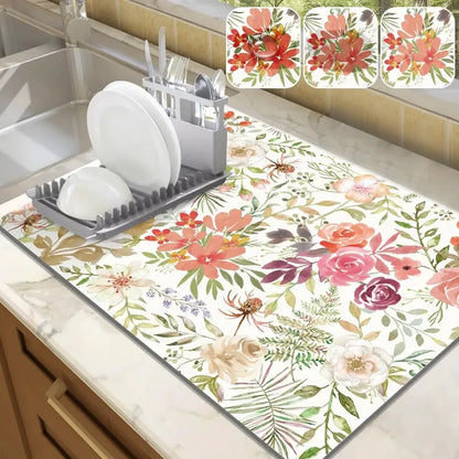 Pink Rose Absorbent Dish Drying Mat