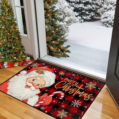 Christmas Welcome Mat Red Green Wreath Holly Floor Rug Holiday Decor Door Mat