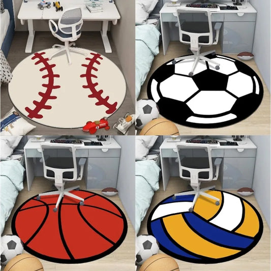 Round Carpet Football Basketball Volleyball Baseball Pattern Non-Slip Rug Bedroom Living Room Home Decor