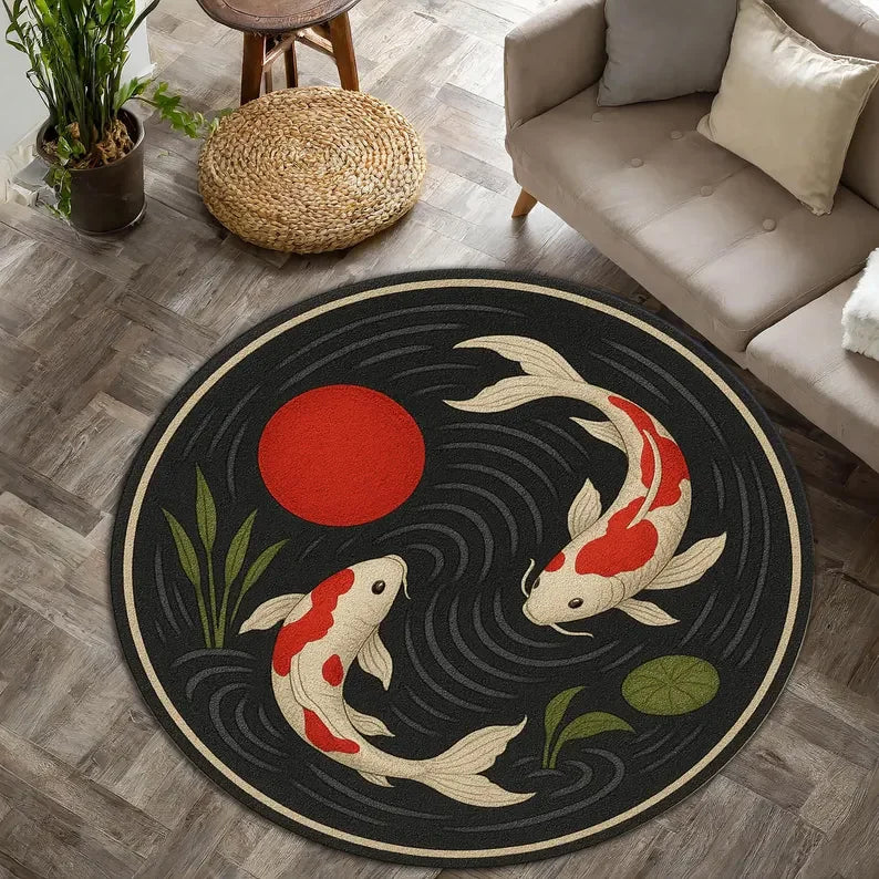 Japanese Koi Fish Round Rug Zen Style Non-Slip Carpet Living Room Bedroom Home Decor