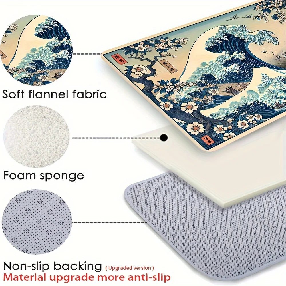 VIKAMA Retro Japanese Ukiyo-e Wave Design, Non-Slip And Dirt-Resistant Rug, For Kitchen, Entrance, Living Room Carpet Home Decor