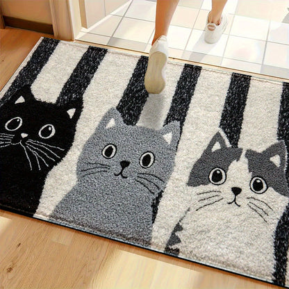VIKAMA Striped Cartoon Cat Rug Soft Waterproof Non-Slip Doormat Bedroom Living Room Outdoor Floor Carpet Home Decor