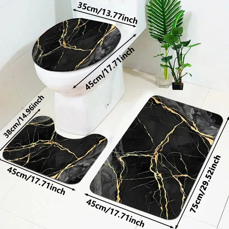 VIKAMA Black Gold Marble Bathroom Mat Set